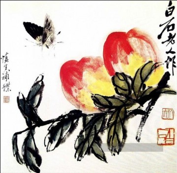  ancienne - Qi Baishi papillon et pêche ancienne Chine à l’encre